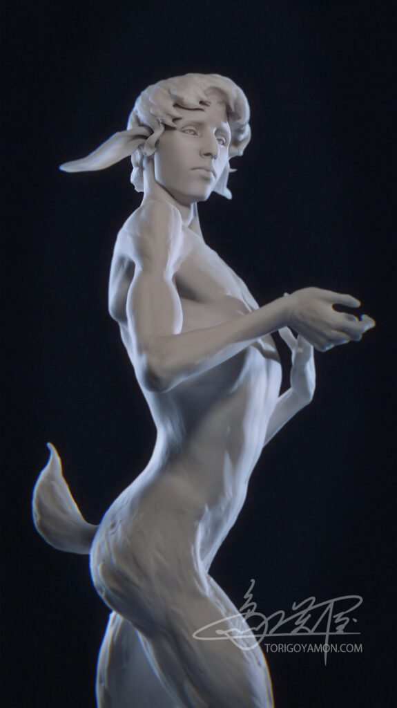 Torso view of an anthropomorphic rabbit figure with elongated limbs and subtle musculature, sculpted in a calm, contemplative pose with soft, even lighting.