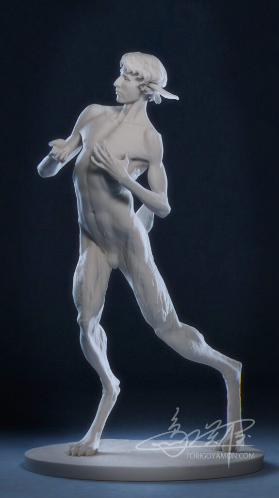 Full-body render of an anthropomorphic rabbit standing upright on a base, with long ears, slender legs, and a balanced, serene posture, inspired by the Jātaka tale of the self-sacrificing rabbit.