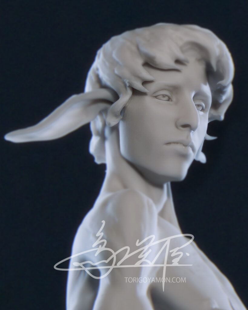 Close-up of the rabbit’s face with soft, androgynous features and a calm, introspective expression, emphasizing subtle anatomy and surface detail.